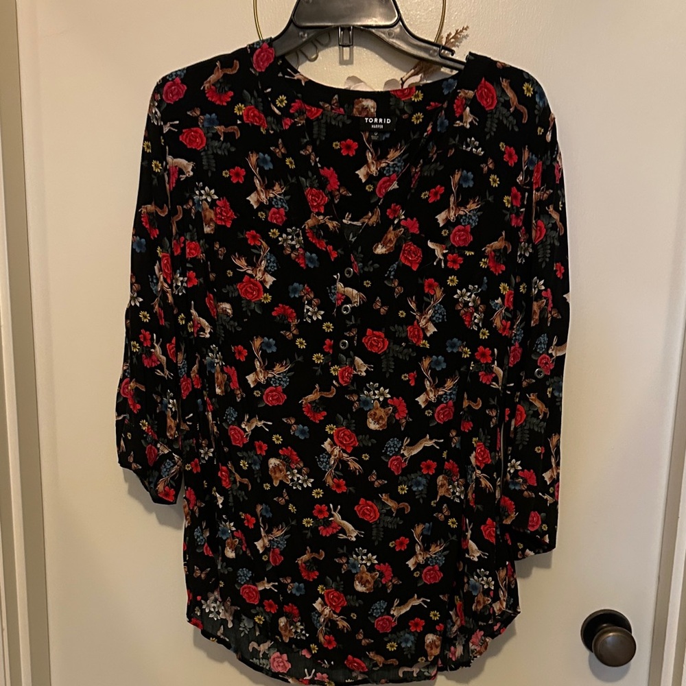 Torrid Black Blouse with Red and Blue Floral Pattern